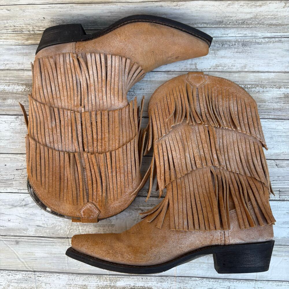 Dingo Western Cowboy Boots Sz 9.5  Tres Fringe Burnished Tan Leather Suede Boho - Picture 4 of 12